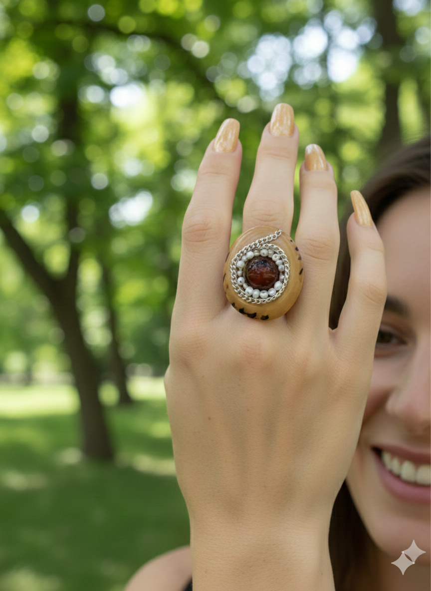 Bague "œil de la forêt " Ivoire Végétal & Perles Nacre